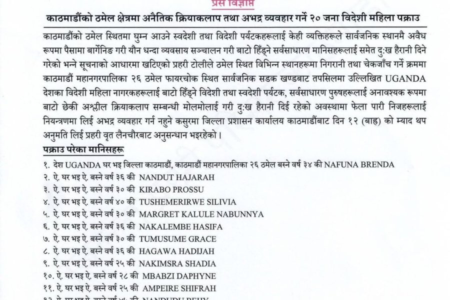 ठमेलबाट २० विदेशी महिला पक्राउ
